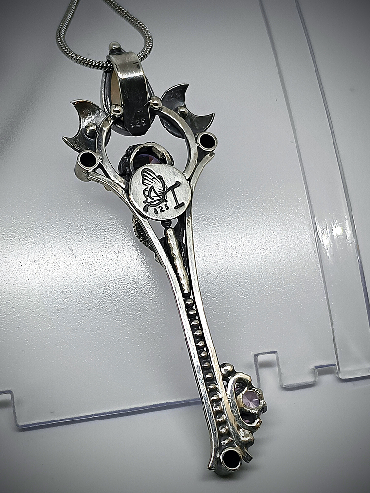 RTS - Crescent moon & Antelope skull key pendant with Imperial purple Moisonite and opal - Sterling 3