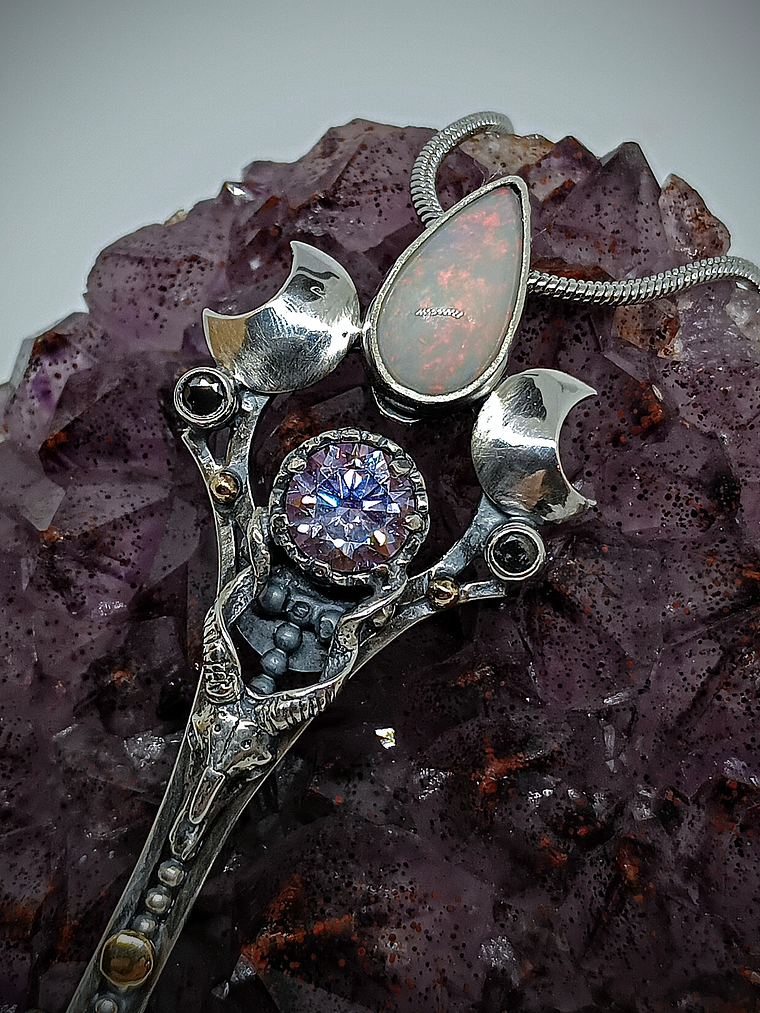 RTS - Crescent moon & Antelope skull key pendant with Imperial purple Moisonite and opal - Sterling 4