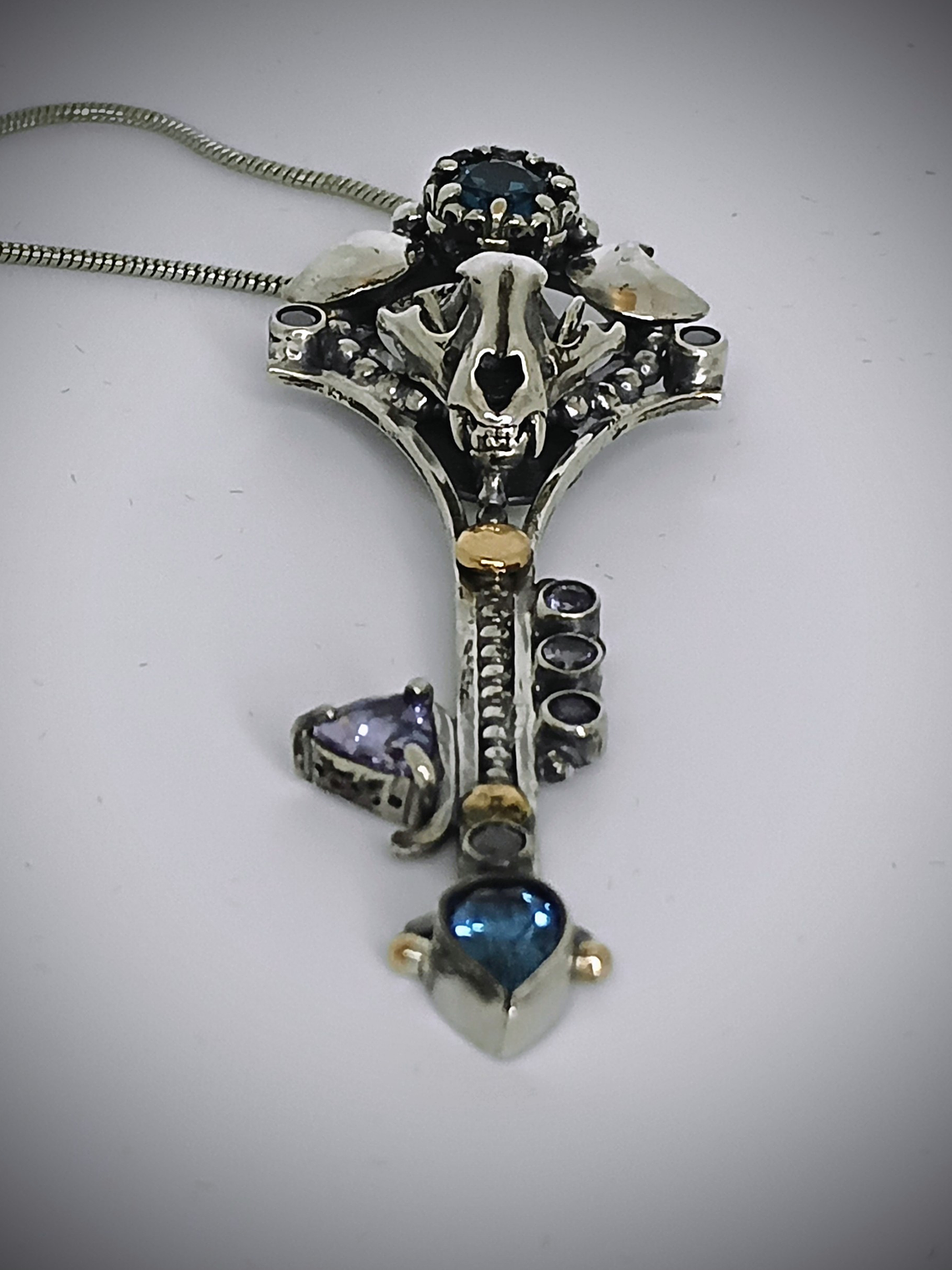 MTO - Freya, double Crescent moon articulated cat skull key pendant - Sterling & 14K 3