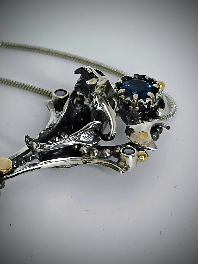 MTO - Freya, double Crescent moon articulated cat skull key pendant - Sterling & 14K 4