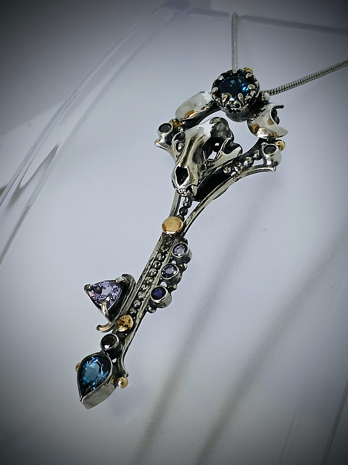 MTO - Freya, double Crescent moon articulated cat skull key pendant - Sterling & 14K 5