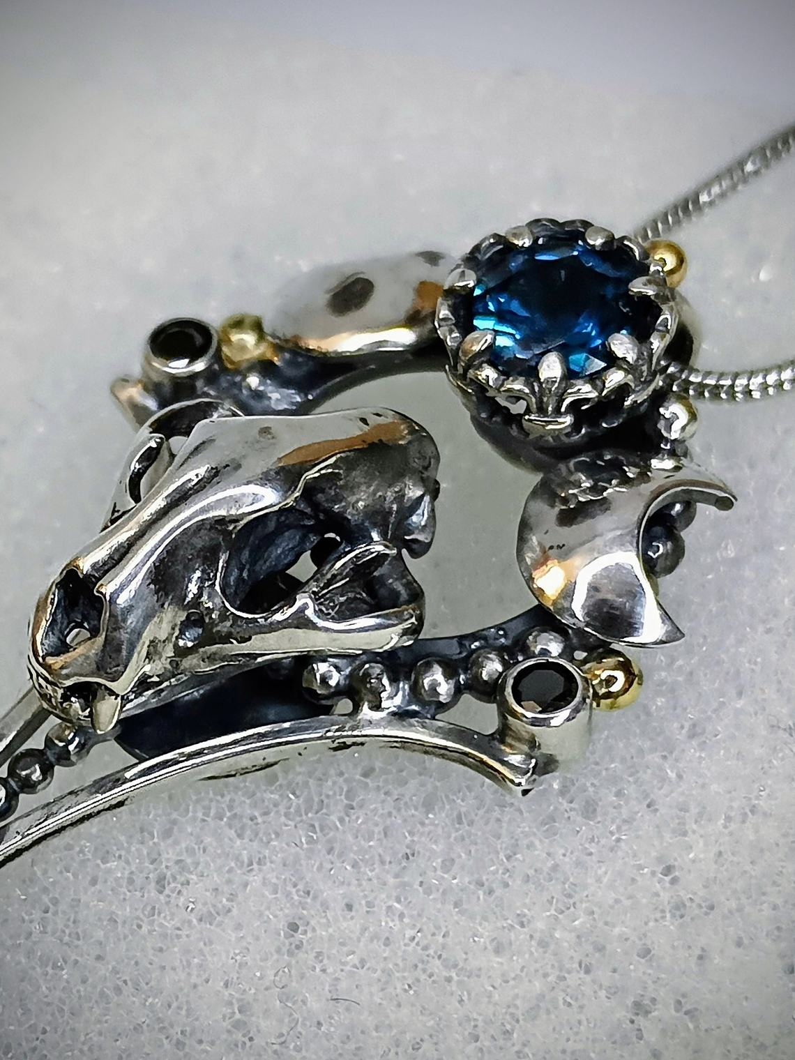 MTO - Freya, double Crescent moon articulated cat skull key pendant - Sterling & 14K 6