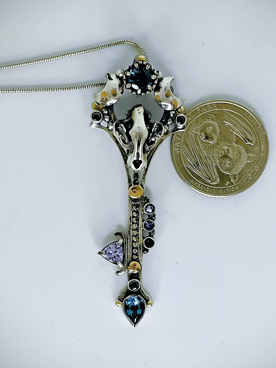 MTO - Freya, double Crescent moon articulated cat skull key pendant - Sterling & 14K 10