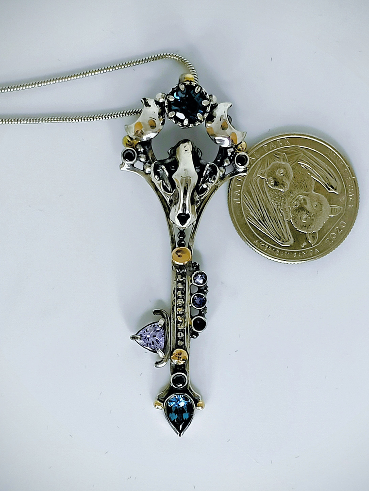 MTO - Freya, double Crescent moon articulated cat skull key pendant - Sterling & 14K 10