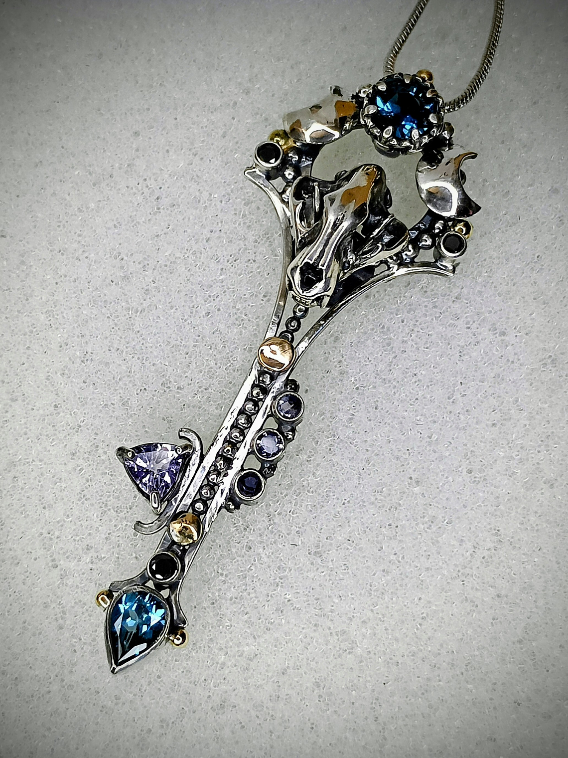 MTO - Freya, double Crescent moon articulated cat skull key pendant - Sterling & 14K 2
