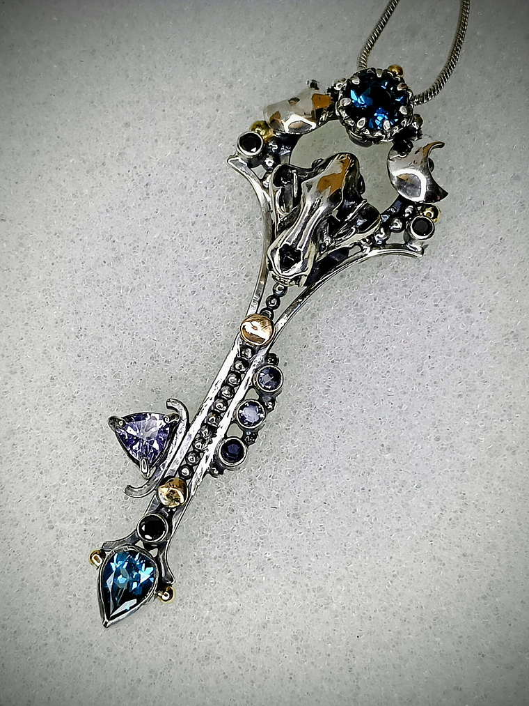 MTO - Freya, double Crescent moon articulated cat skull key pendant - Sterling & 14K 2