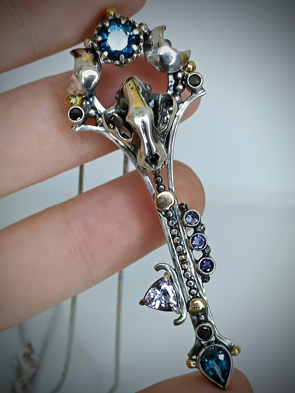 MTO - Freya, double Crescent moon articulated cat skull key pendant - Sterling & 14K 7