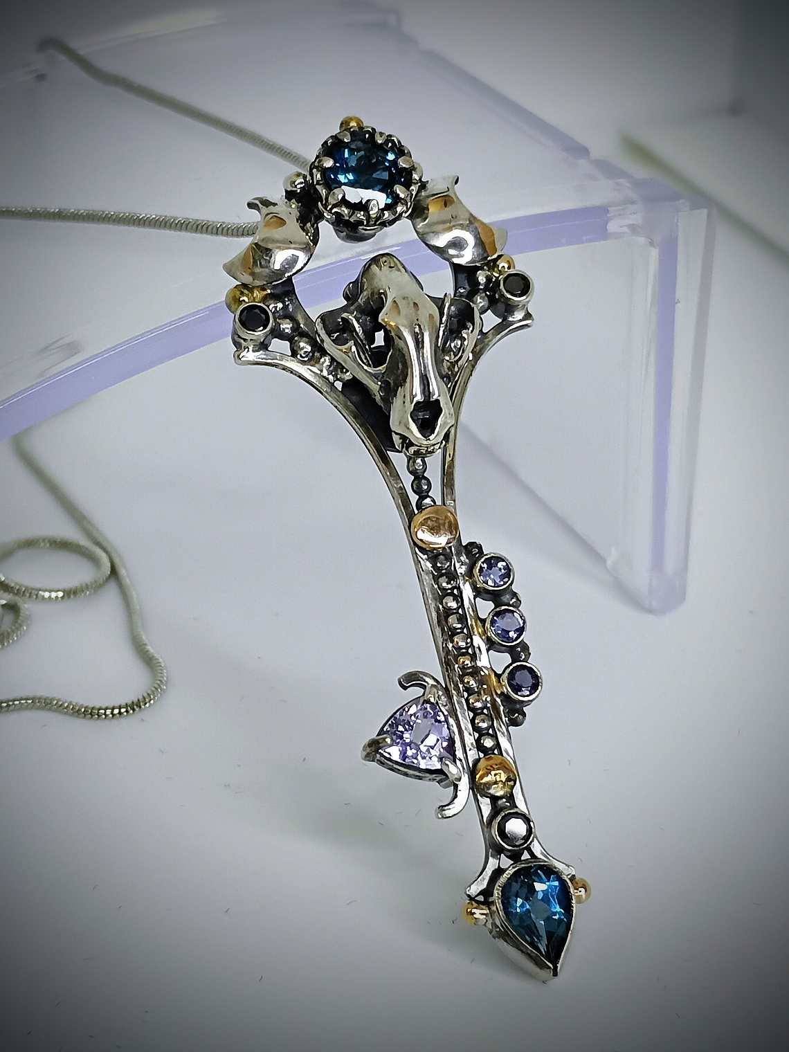 MTO - Freya, double Crescent moon articulated cat skull key pendant - Sterling & 14K 1