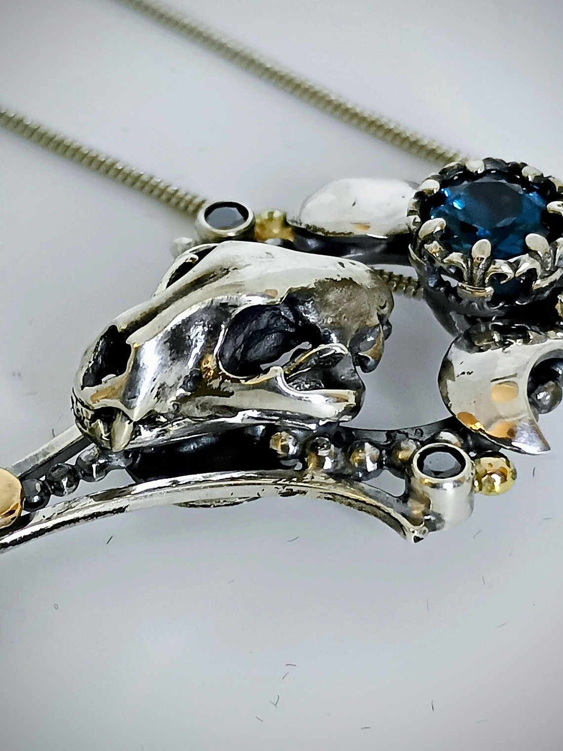 MTO - Freya, double Crescent moon articulated cat skull key pendant - Sterling & 14K 8