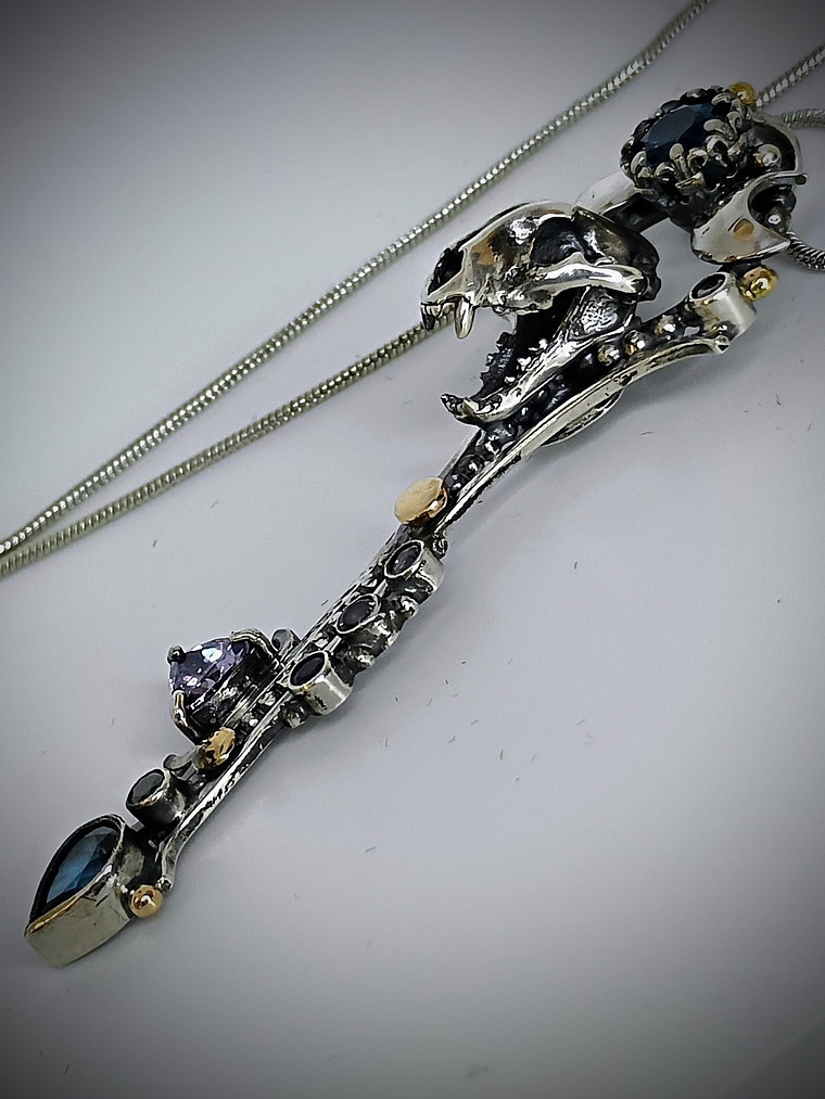 MTO - Freya, double Crescent moon articulated cat skull key pendant - Sterling & 14K 9