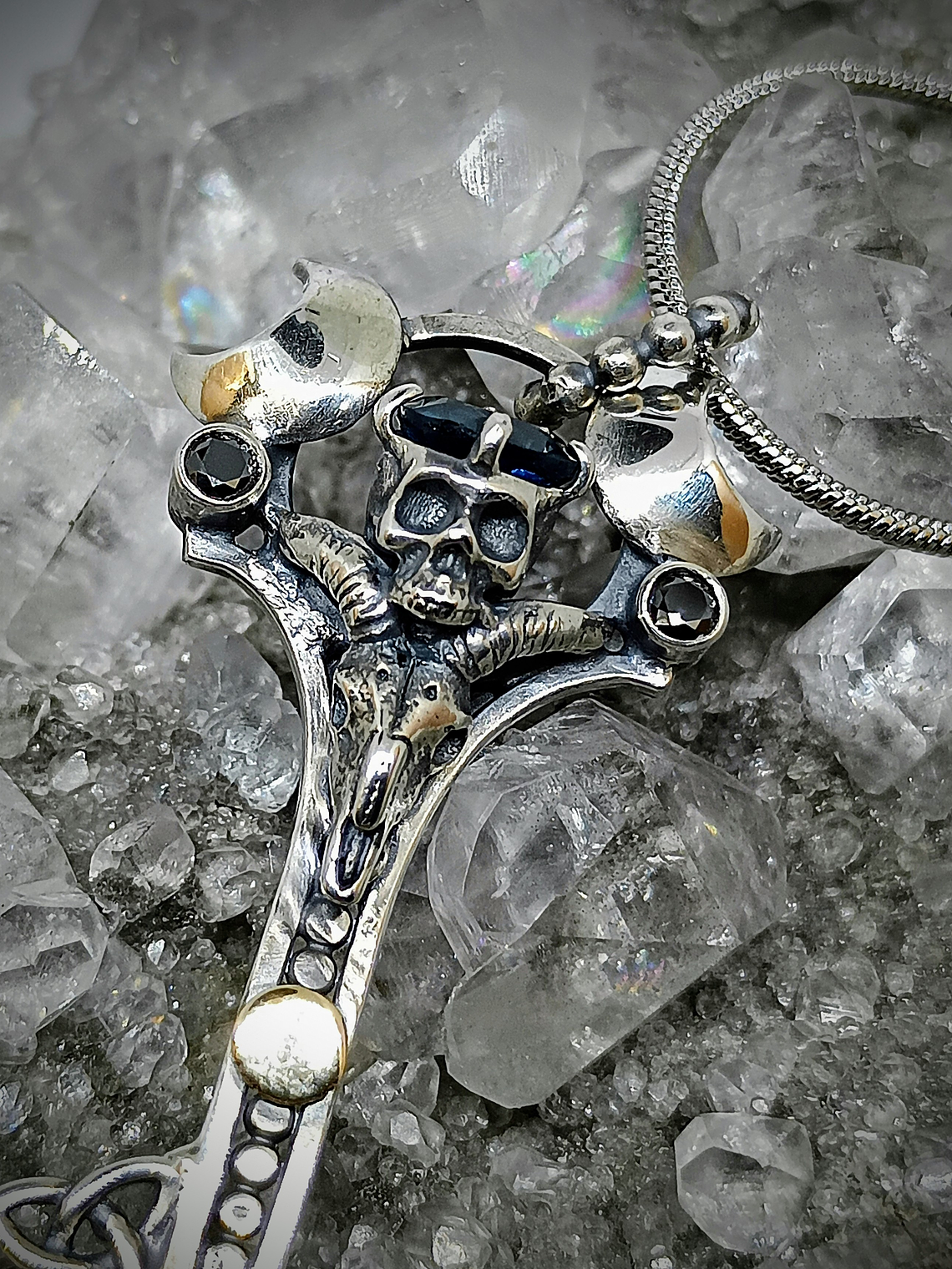 Gothic Skulls, crescent moons and Witch's knot key pendent - Sterling  3