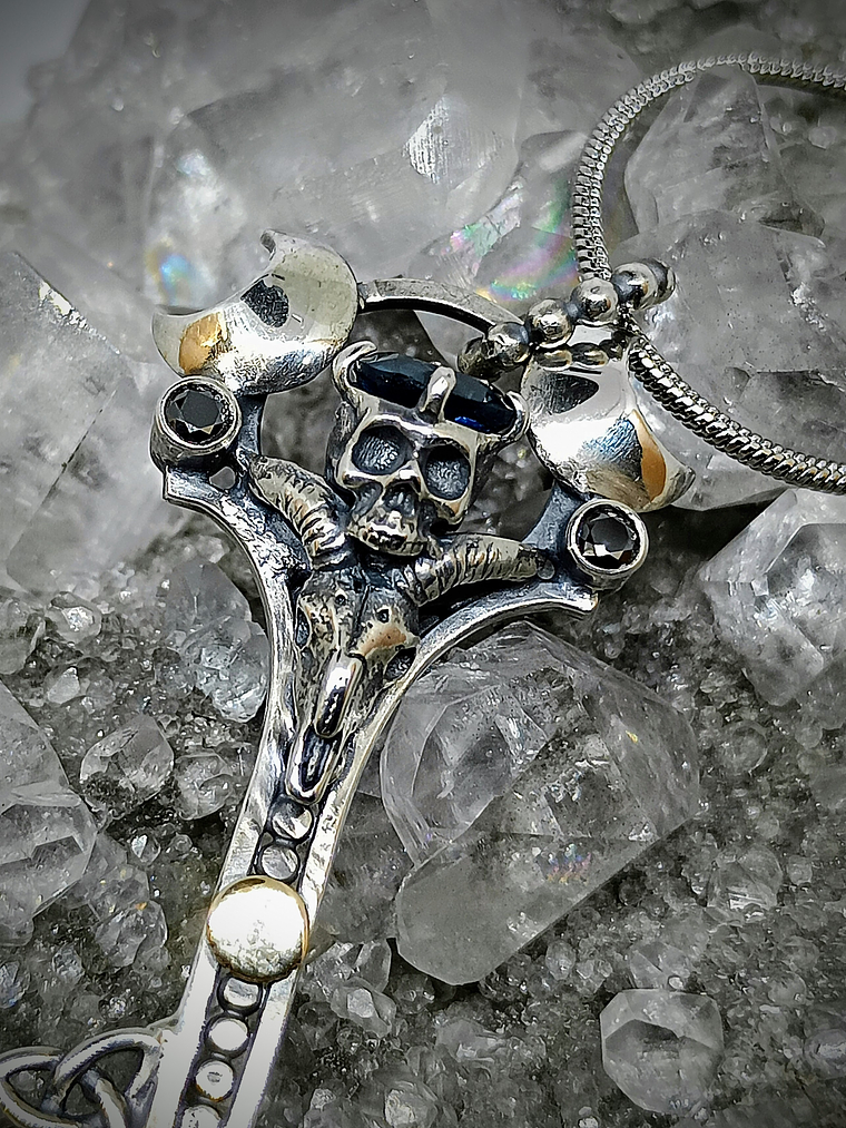 Gothic Skulls, crescent moons and Witch's knot key pendent - Sterling  3