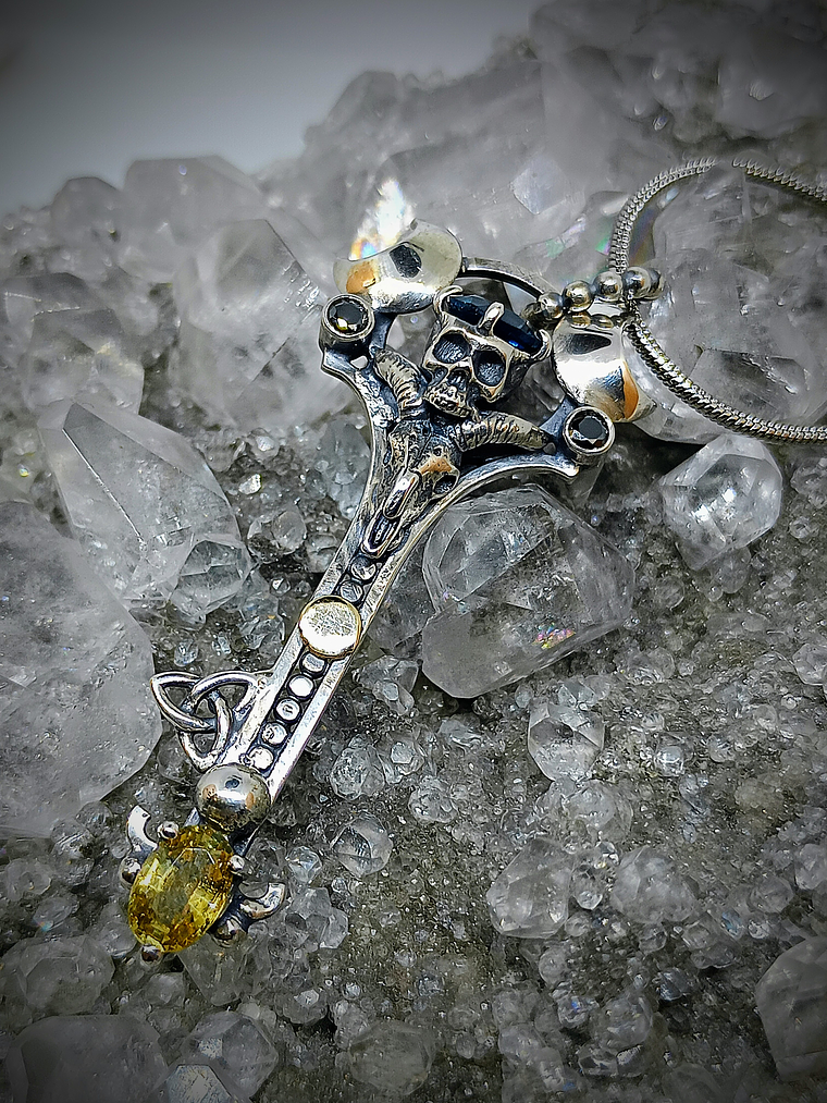 Gothic Skulls, crescent moons and Witch's knot key pendent - Sterling  6