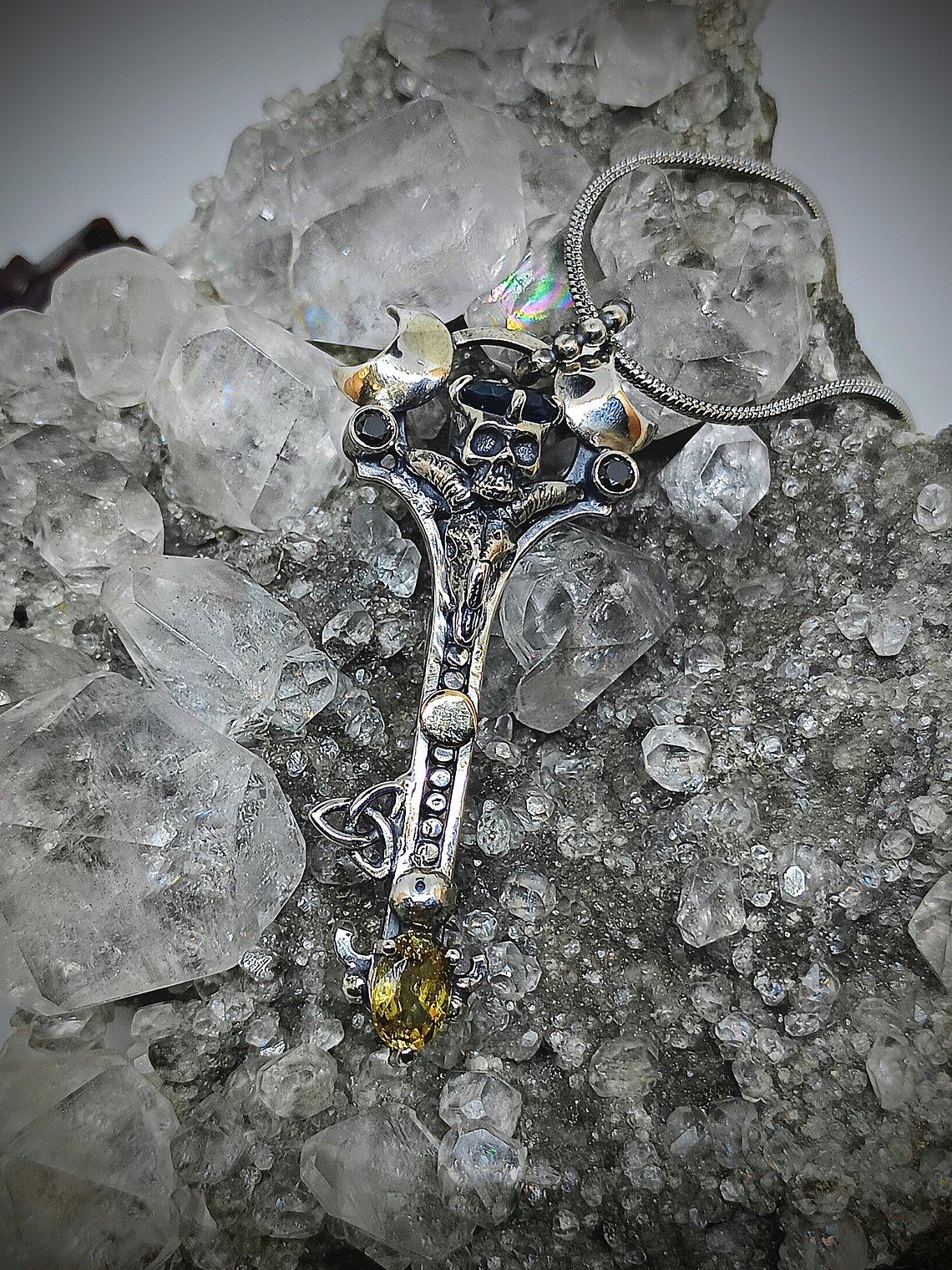 Gothic Skulls, crescent moons and Witch's knot key pendent - Sterling  8