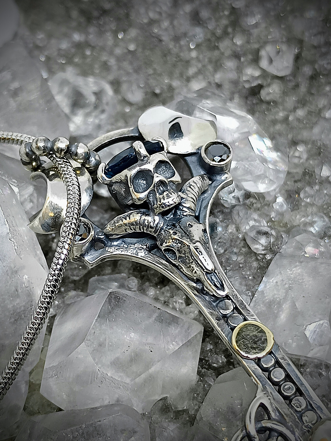 Gothic Skulls, crescent moons and Witch's knot key pendent - Sterling  1