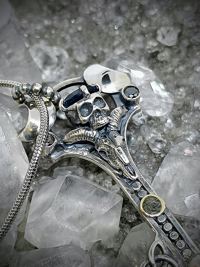 Gothic Skulls, crescent moons and Witch's knot key pendent - Sterling  1