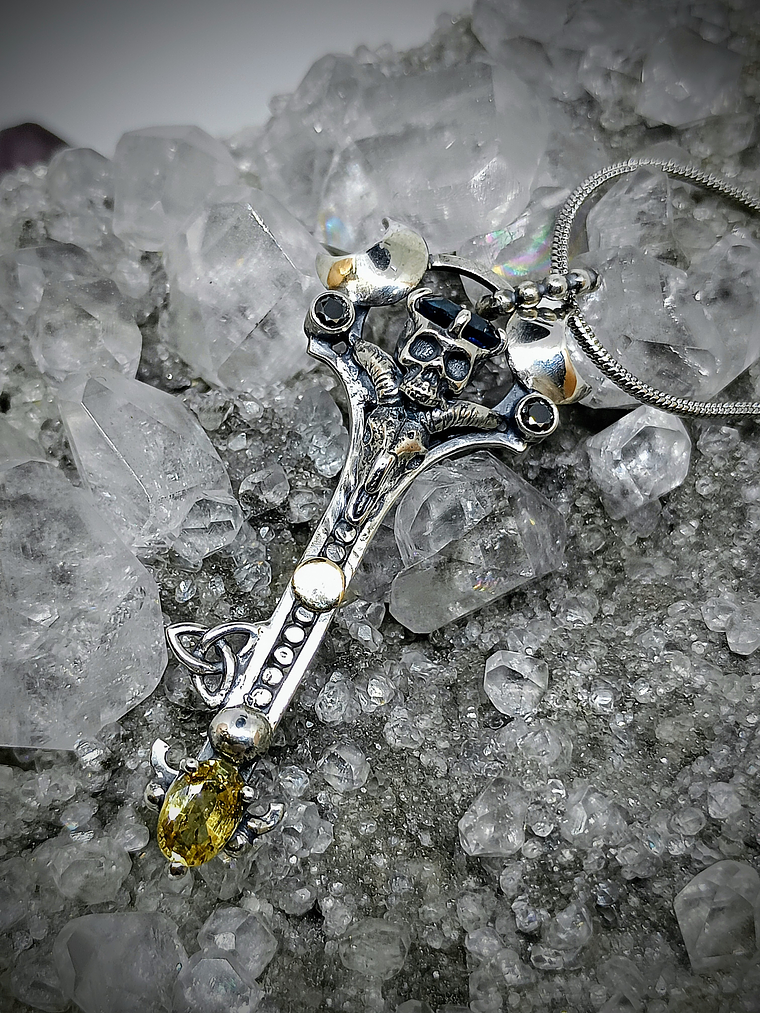 Gothic Skulls, crescent moons and Witch's knot key pendent - Sterling  10