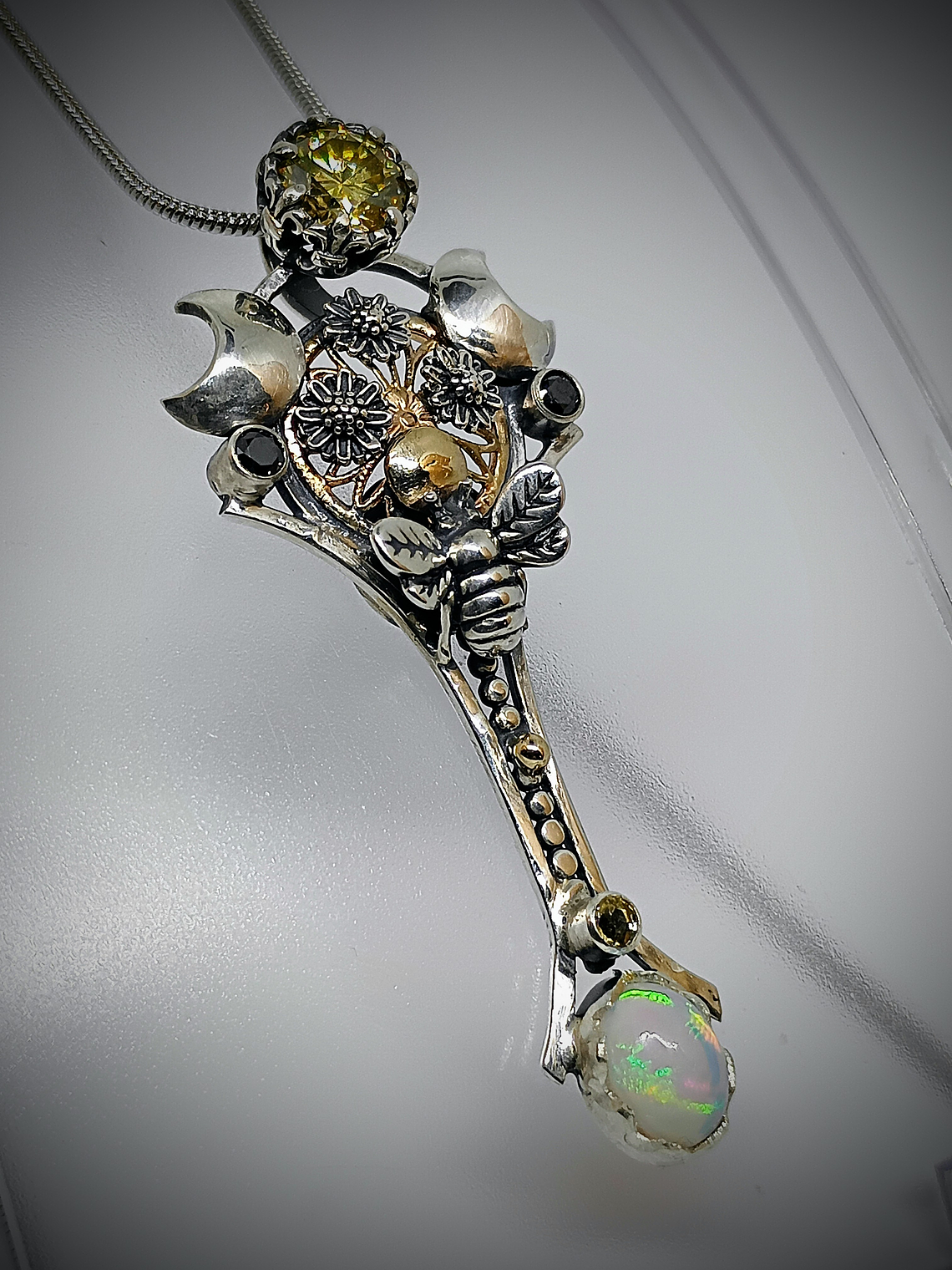 Bee Lovely - Sterling and 14k gold with yellow moisonite an opal 3
