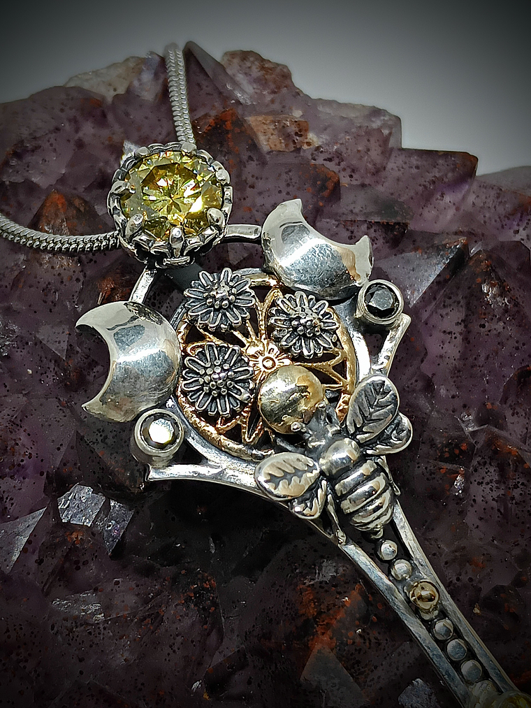 Bee Lovely - Sterling and 14k gold with yellow moisonite an opal 1
