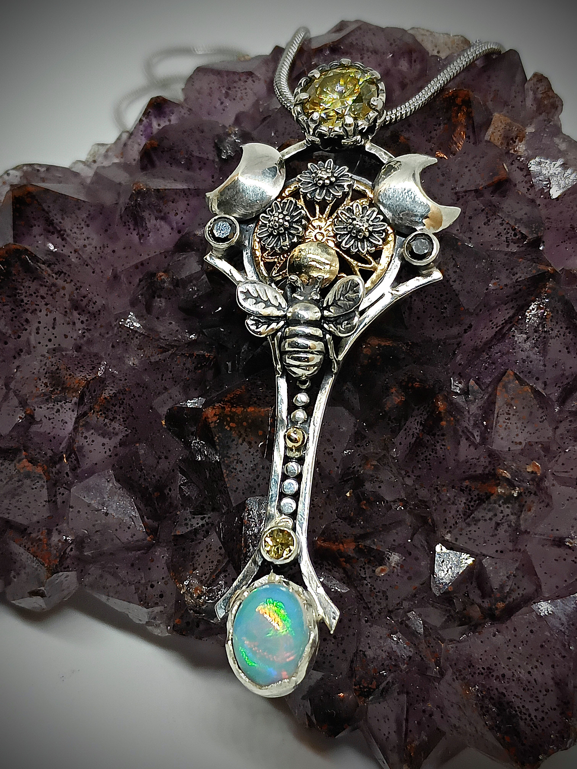 Bee Lovely - Sterling and 14k gold with yellow moisonite an opal 4