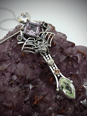 Amethyst and green spinel spiderweb key pendent