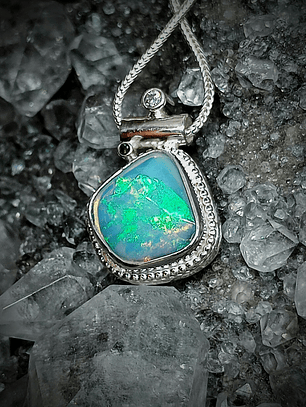Opal, green diamond and moisonite necklace