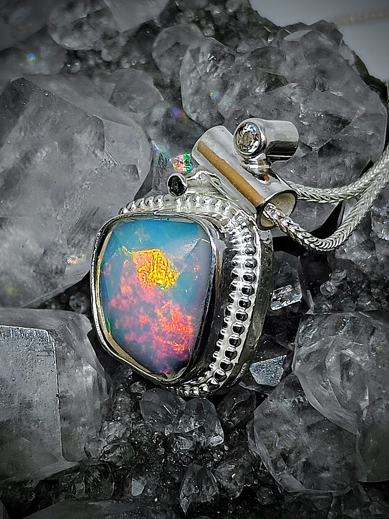 MTO - Opal, green diamond and moisonite necklace - Sterling 2