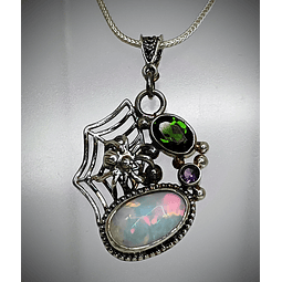 Sterling Spiderweb, opal and green tourmaline pendant 