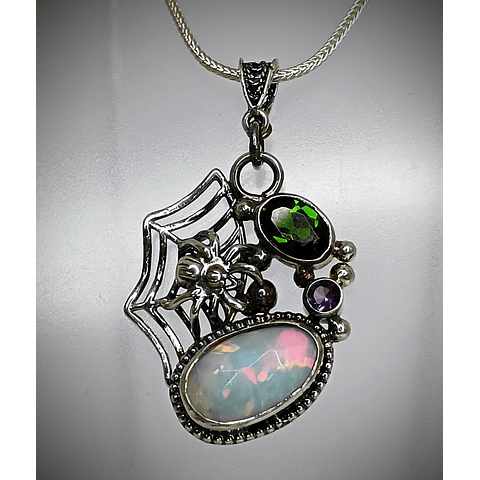 Sterling Spiderweb, opal and green tourmaline pendant 