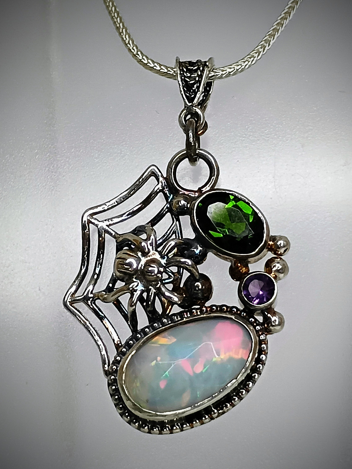 MTO - Sterling Spiderweb, opal and green tourmaline pendant - Sterling  1