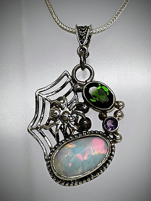 Sterling Spiderweb, opal and green tourmaline pendant 