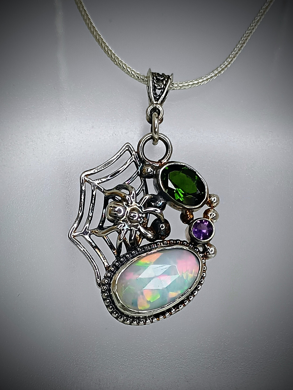 MTO - Sterling Spiderweb, opal and green tourmaline pendant - Sterling  2