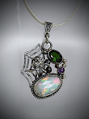 Sterling Spiderweb, opal and green tourmaline pendant 