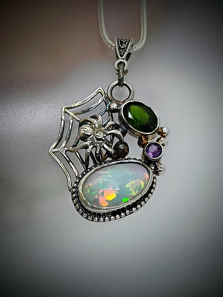 MTO - Sterling Spiderweb, opal and green tourmaline pendant - Sterling  3