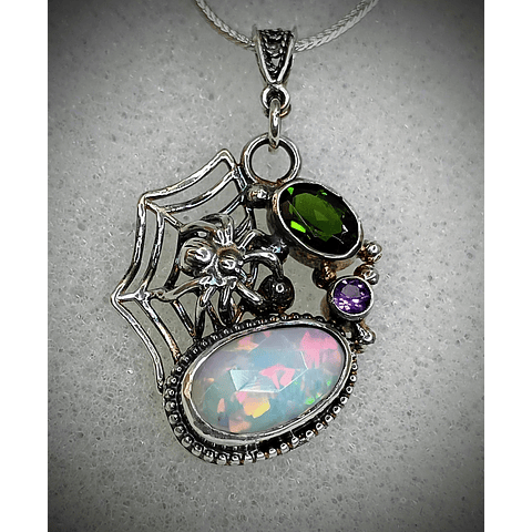 Sterling Spiderweb, opal and green tourmaline pendant 