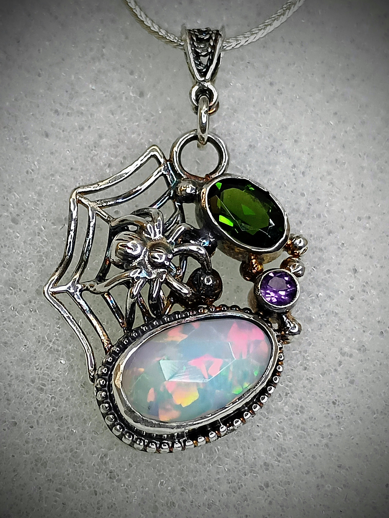 MTO - Sterling Spiderweb, opal and green tourmaline pendant - Sterling  4
