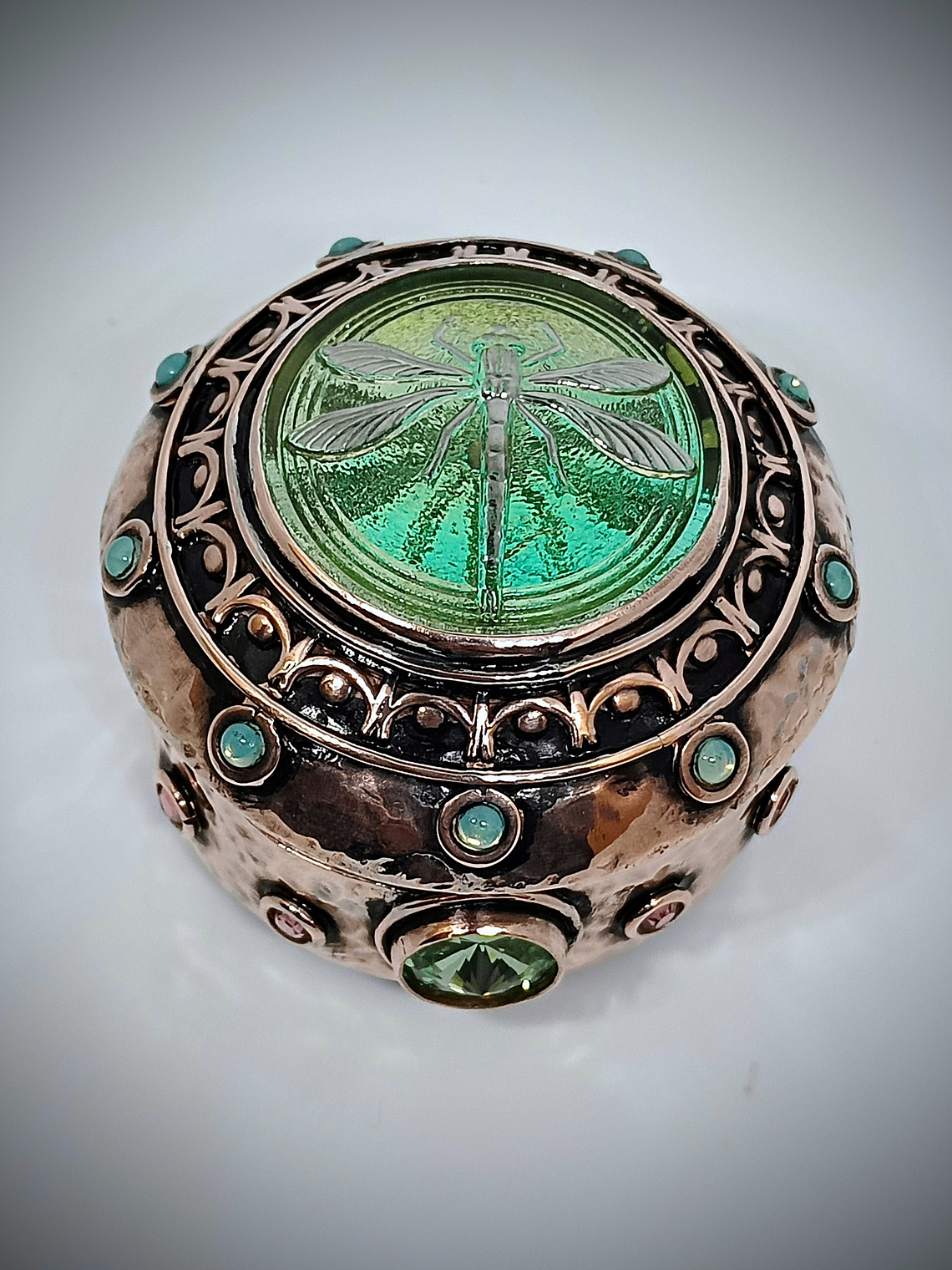 Hand hammered and formed Copper Uranium glass box 4