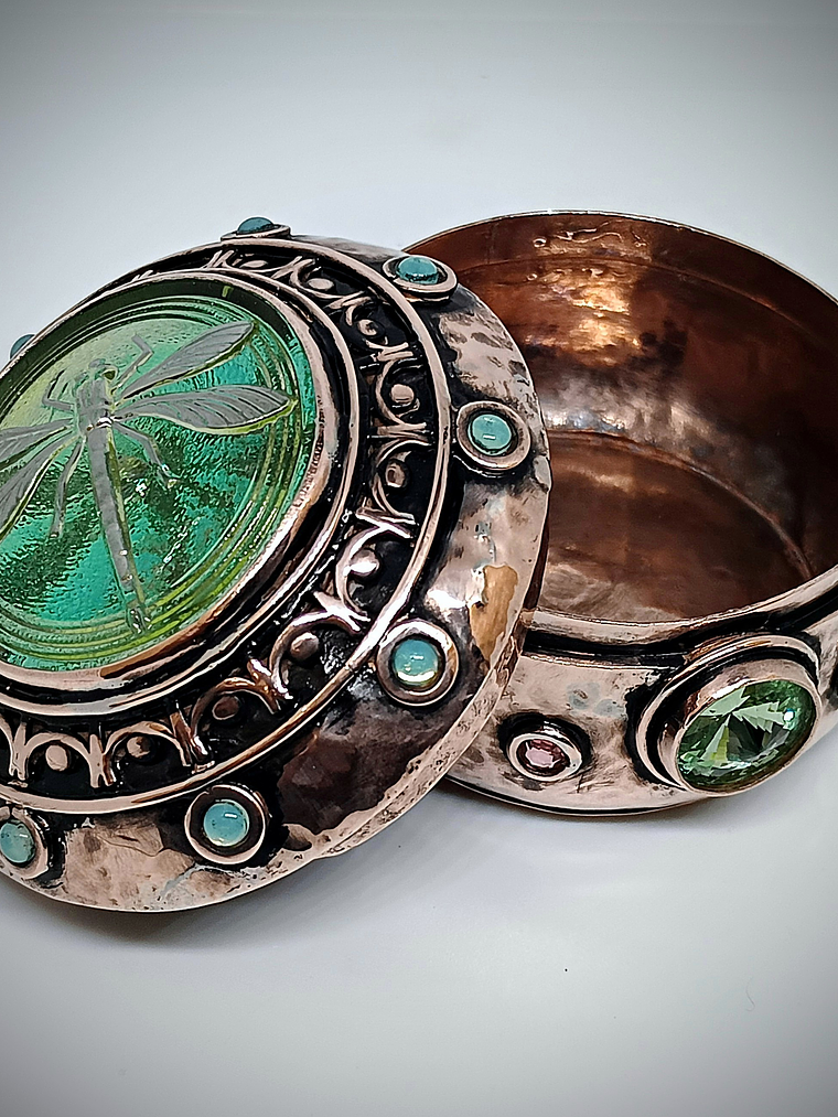Hand hammered and formed Copper Uranium glass box 7