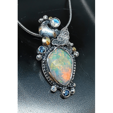 Opal, sapphire, moonstone and Luna moth necklace 