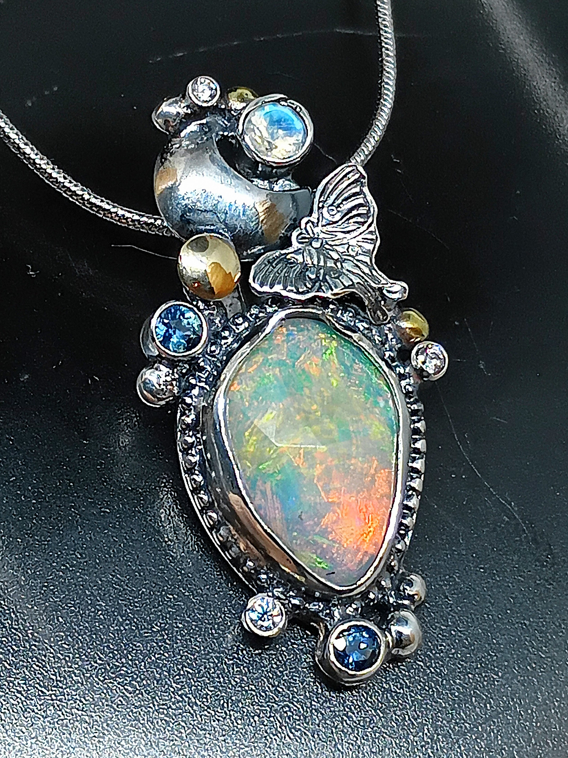 Opal, sapphire, moonstone and Luna moth necklace  1