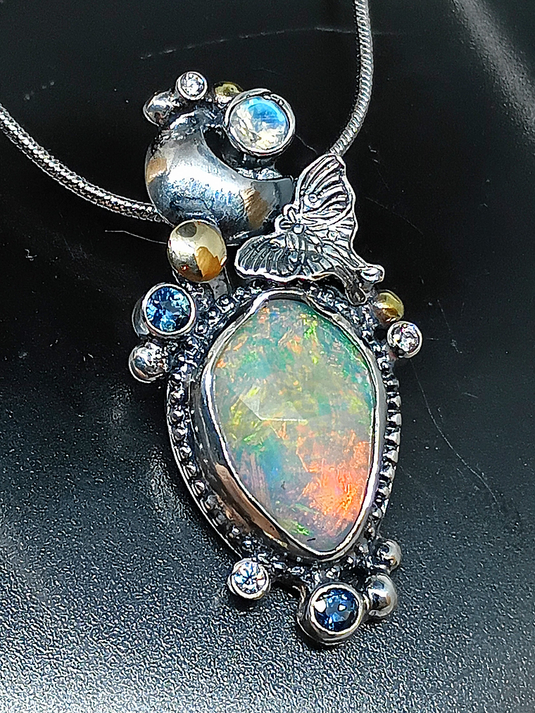 Opal, sapphire, moonstone and Luna moth necklace  1