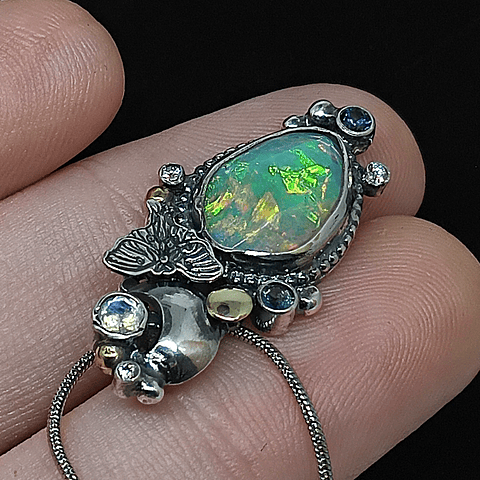 Opal, sapphire, moonstone and Luna moth necklace 