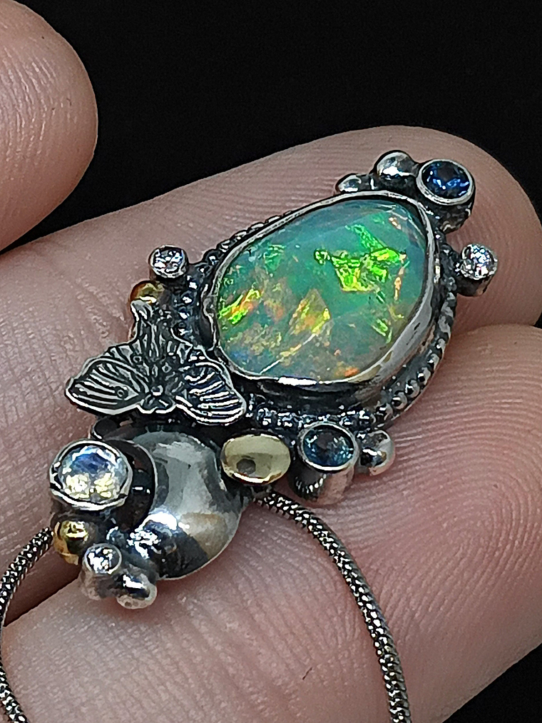 Opal, sapphire, moonstone and Luna moth necklace  5