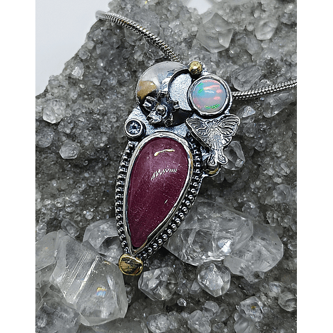 Ruby, opal and tanzanite Luna moth pendant