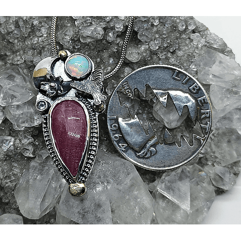 Ruby, opal and tanzanite Luna moth pendant