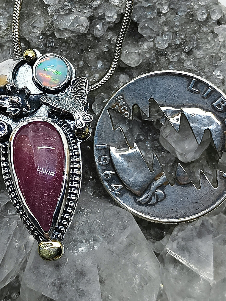 Ruby, opal and tanzanite Luna moth pendant 4