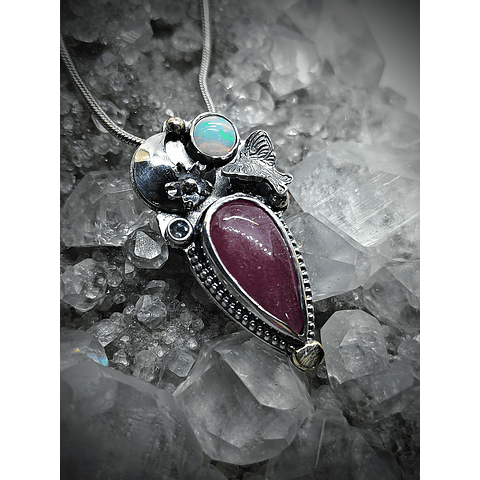 Ruby, opal and tanzanite Luna moth pendant