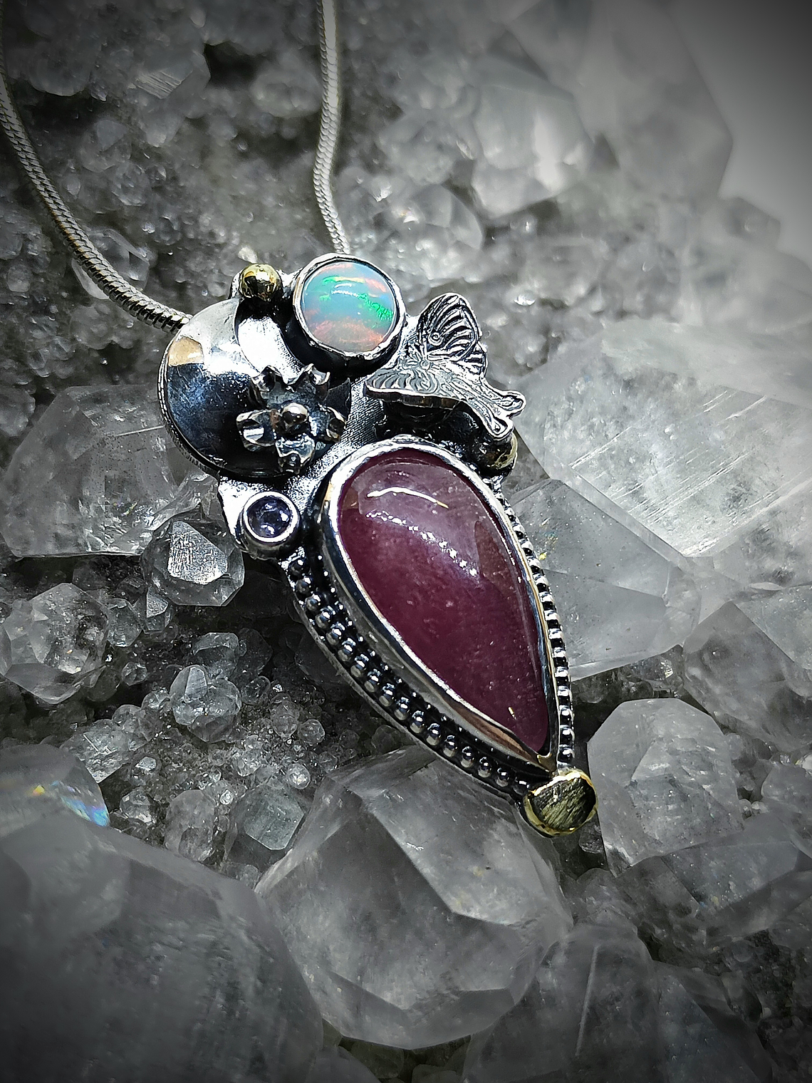 Ruby, opal and tanzanite Luna moth pendant 3