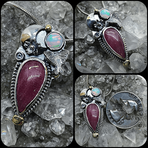 Ruby, opal and tanzanite Luna moth pendant