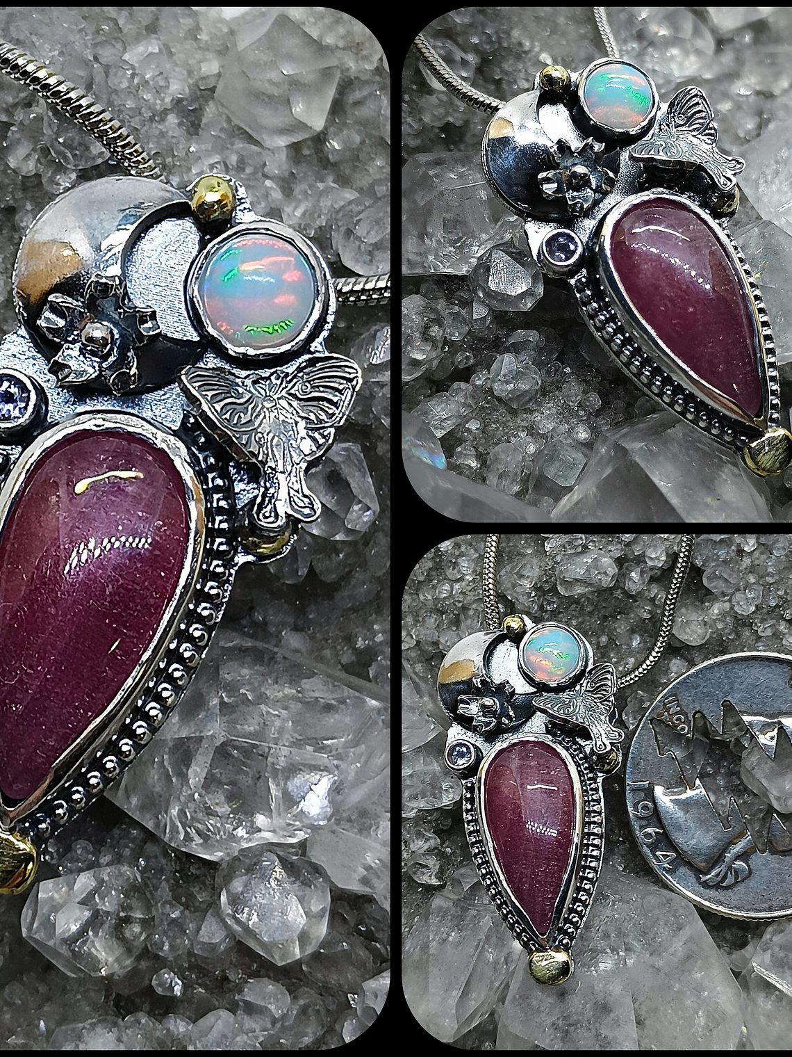 Ruby, opal and tanzanite Luna moth pendant 2
